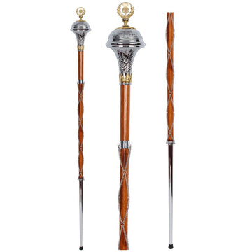 Drum Major Mace Stave Chrome Embossed Head With Gold Thistle Flower Top